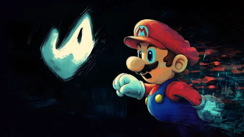 Heroic plumber races toward glowing spirit in neon gloom