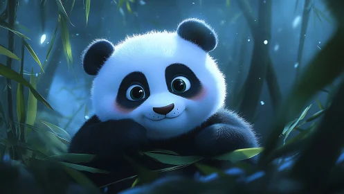 Cute baby panda rests in glowing bamboo forest at night