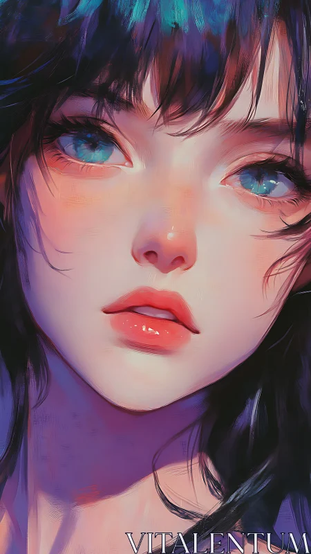 Luminous close-up portrait of girl with cyan reflective eyes.