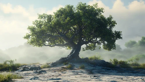 Lone windswept tree in misty backlit rocky meadow at dawn.