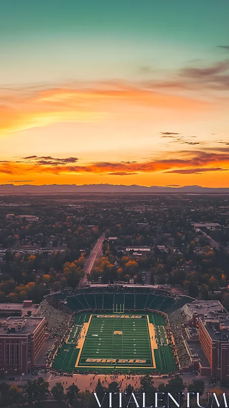 Stadium glows like a neon circuit beneath painted sunset