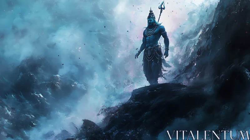 Storm-lit blue deity stands on jagged cliffs amid volumetric mist