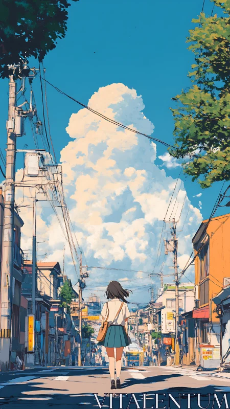 Sunlit city street welcomes a quiet walk beneath summer clouds