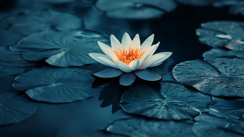 Midnight lily lantern drifting over deep teal water.