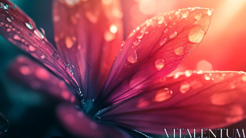 Crimson petals adorned with dewdrops in vibrant sunlight.