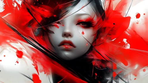 Hyperreal female portrait with dynamic red fluid abstraction