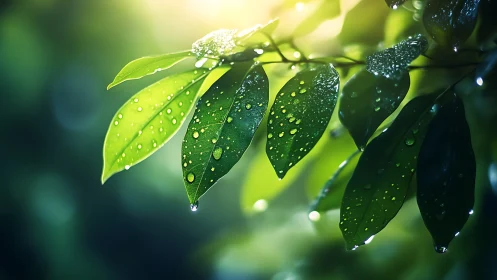 Photorealistic macro study of dew-laden foliage in bokeh light.