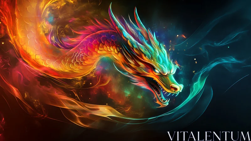 Luminous elemental dragon swirling through neon firestorm.