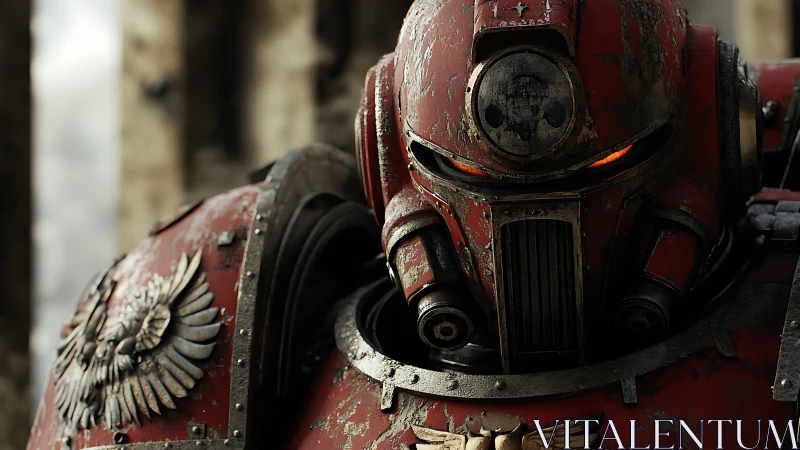 Battle-scarred red power armor mech in cinematic 3D close-up.