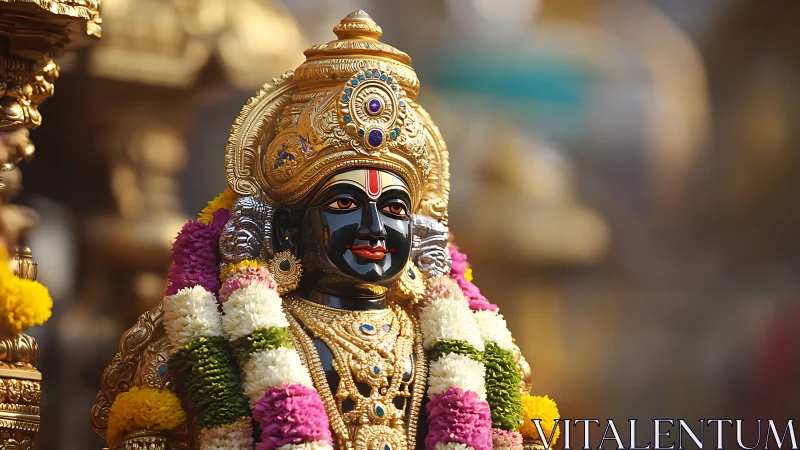 Gilded Hindu deity sculpture under soft directional temple light
