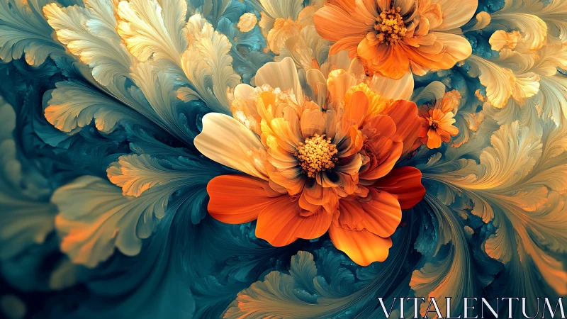 Fractal orange blooms swirling through teal floral currents.