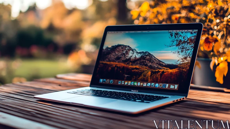 Laptop on wooden table in warm autumn outdoor sunlight.