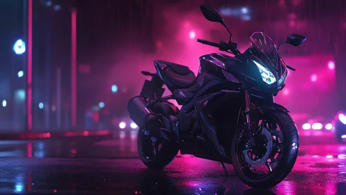 High-gloss sport bike under neon rain with cinematic depth of field