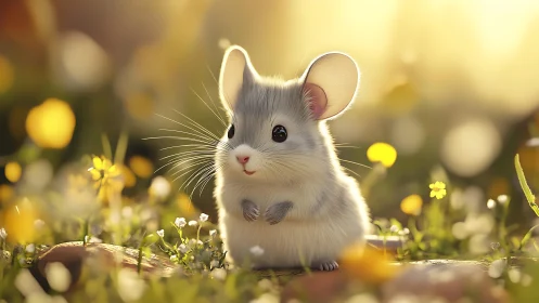 Soft-lit digital mouse portrait in sunlit meadow bokeh