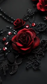 Deep crimson velvet roses with crystalline embellishments on textured dark fabric