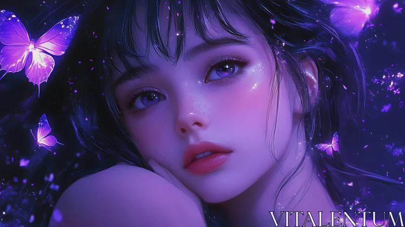 Violet butterflies linger where her midnight thoughts glow