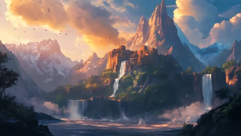 Sunlit mountain citadel crowned by cascading waterfalls.