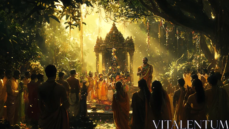 Hindu devotees gather around forest shrine in golden light