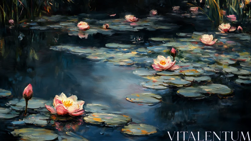 Moonlit lilies drift on inky waters, whispering quiet light.