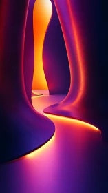 Curved neon corridor with emissive gradient lighting and soft surfaces