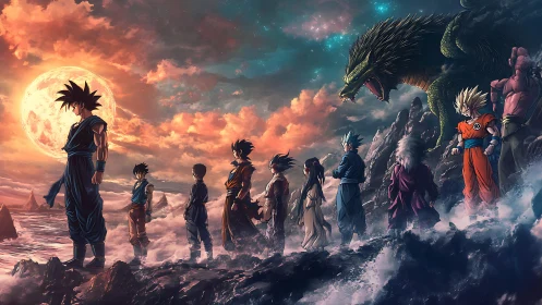 Lineup of anime warriors on rocky coast under full moon.