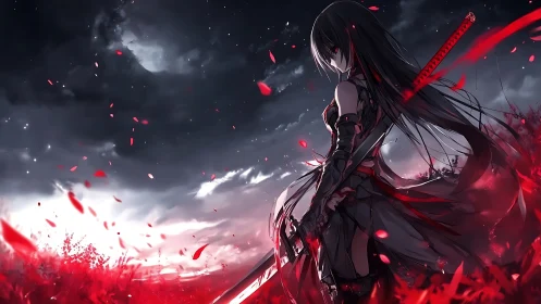Female swordsman in red-lit field under stormy night sky.