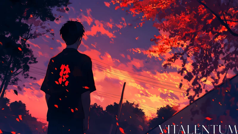 Silhouetted figure observes vivid red-orange evening sky
