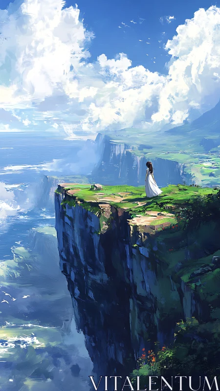 Atmospheric cliffside vista with solitary figure in white dress.