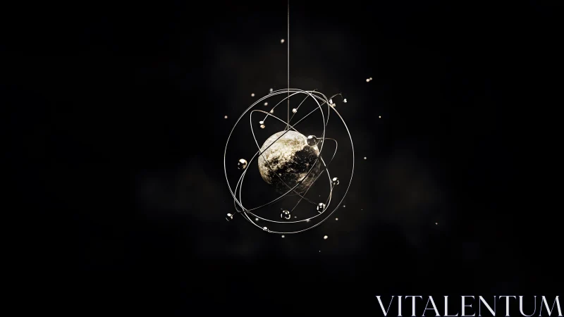 Abstract planet with metallic rings and floating spheres in dark space.