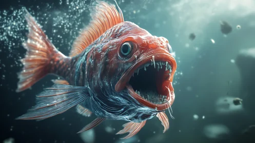 Aggressive deep‑sea predator fish with open jaw, high detail