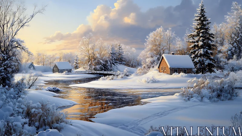 Sunlit winter cabins beside a partially frozen river bend.