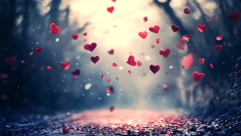 Floating hearts dance through snowy winter light