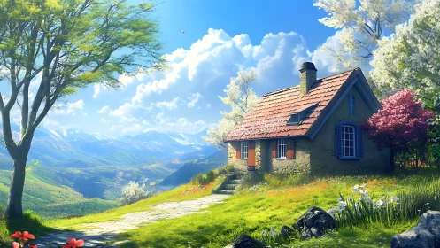 Stone cottage beside path in bright mountain valley landscape.