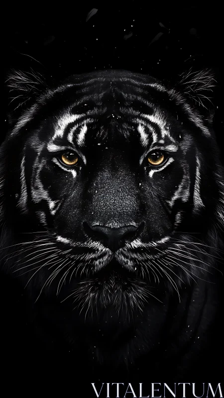 Front-facing tiger portrait isolates facial structure in darkness