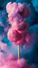 Swirling pink cotton candy rises softly in dreamy blue mist