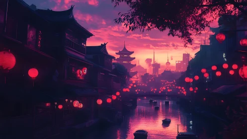 Lantern river at neon dusk in futuristic canal cityscape.