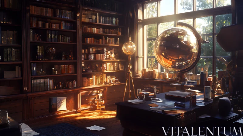 Golden orrery spheres illuminate a sunlit scholarly library