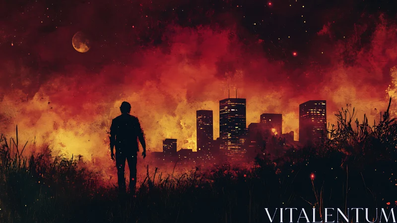 Solitary Wanderer Confronts Burning Metropolitan Skyline