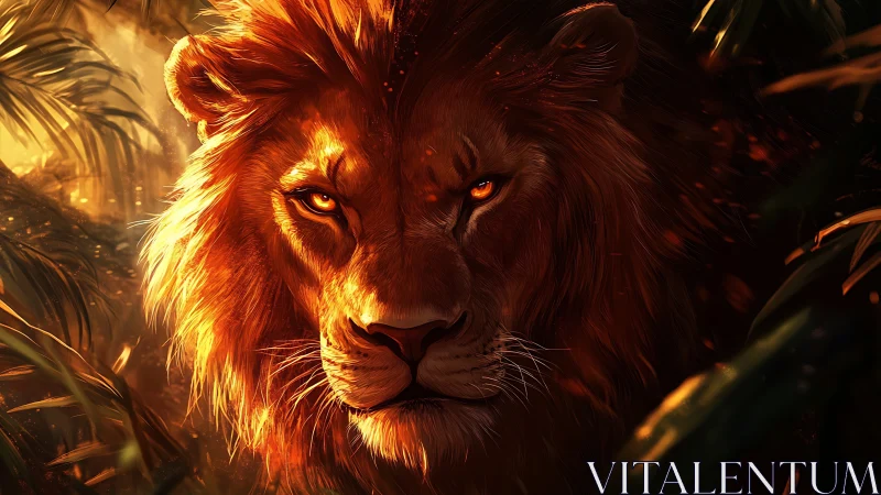Lion face glows under dramatic jungle backlight at dusk