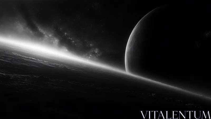 Dark gas giant rises beyond icy horizon in deep space