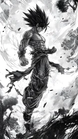 Monochrome anime warrior powering up in shattered sky scene.