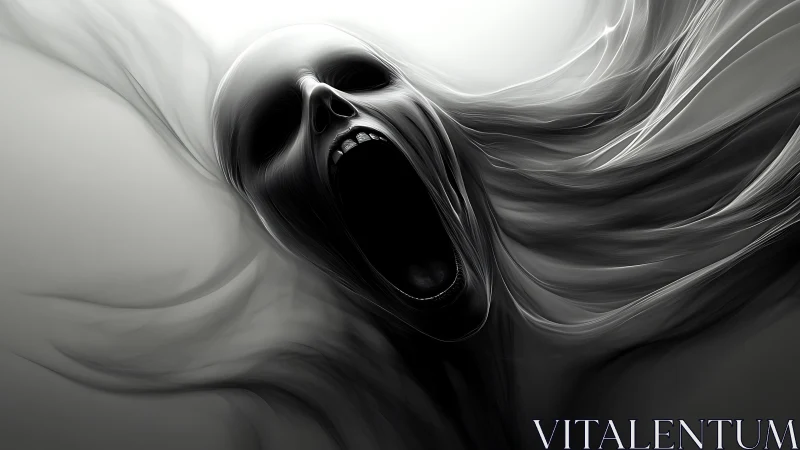 Skeletal head with flowing abstract monochrome forms.