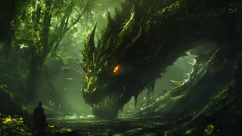 Giant forest dragon confronts lone warrior in luminous ravine