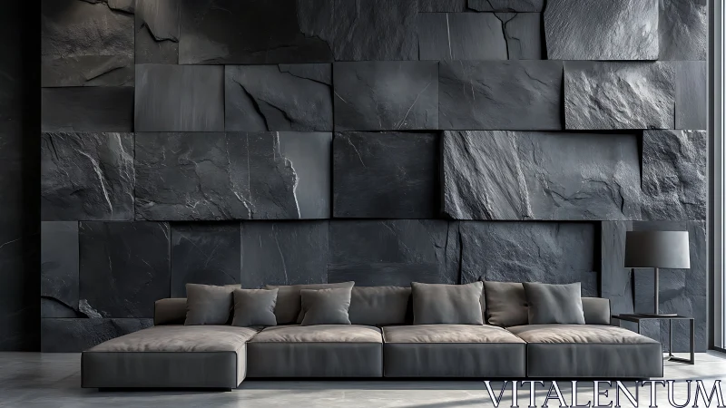 Minimalist grey sofa set against dramatic slate feature wall