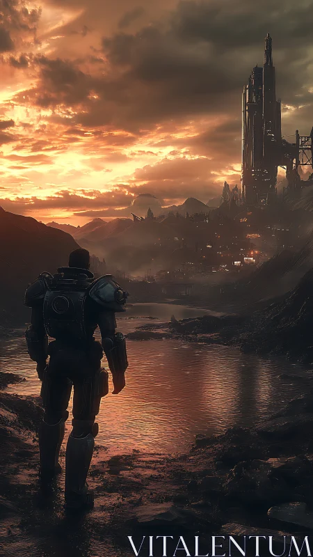 Cinematic sci fi warrior before monolithic tower at dusk.