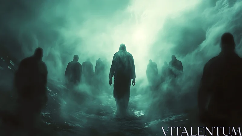 Hooded figures emerging from eerie green fog at night.