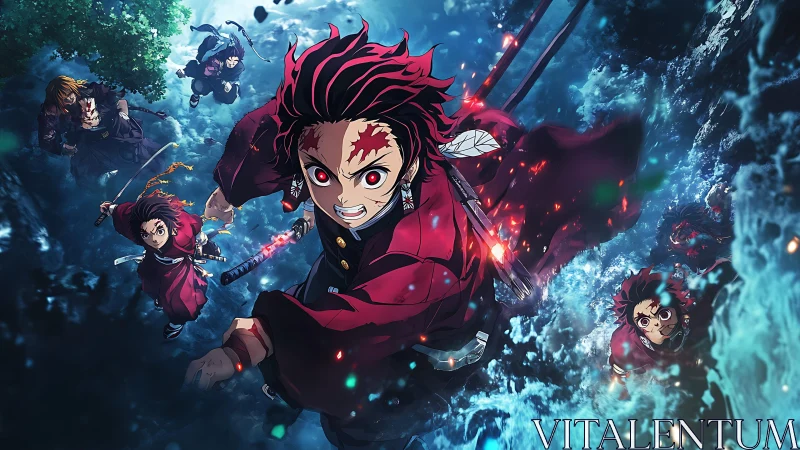 Demon slayers charge through roaring water in fierce battle