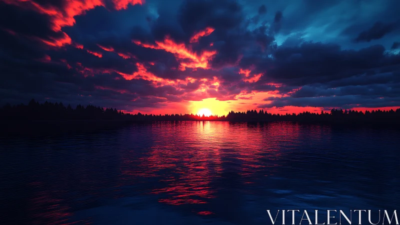 Vivid lake sunset under storm clouds with neon reflections.