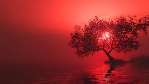 Leaning tree stands in shallow water before red backlight