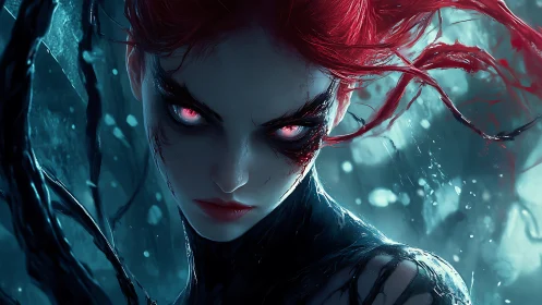Cyber-noir demoness portrait uses cold teal and crimson contrast